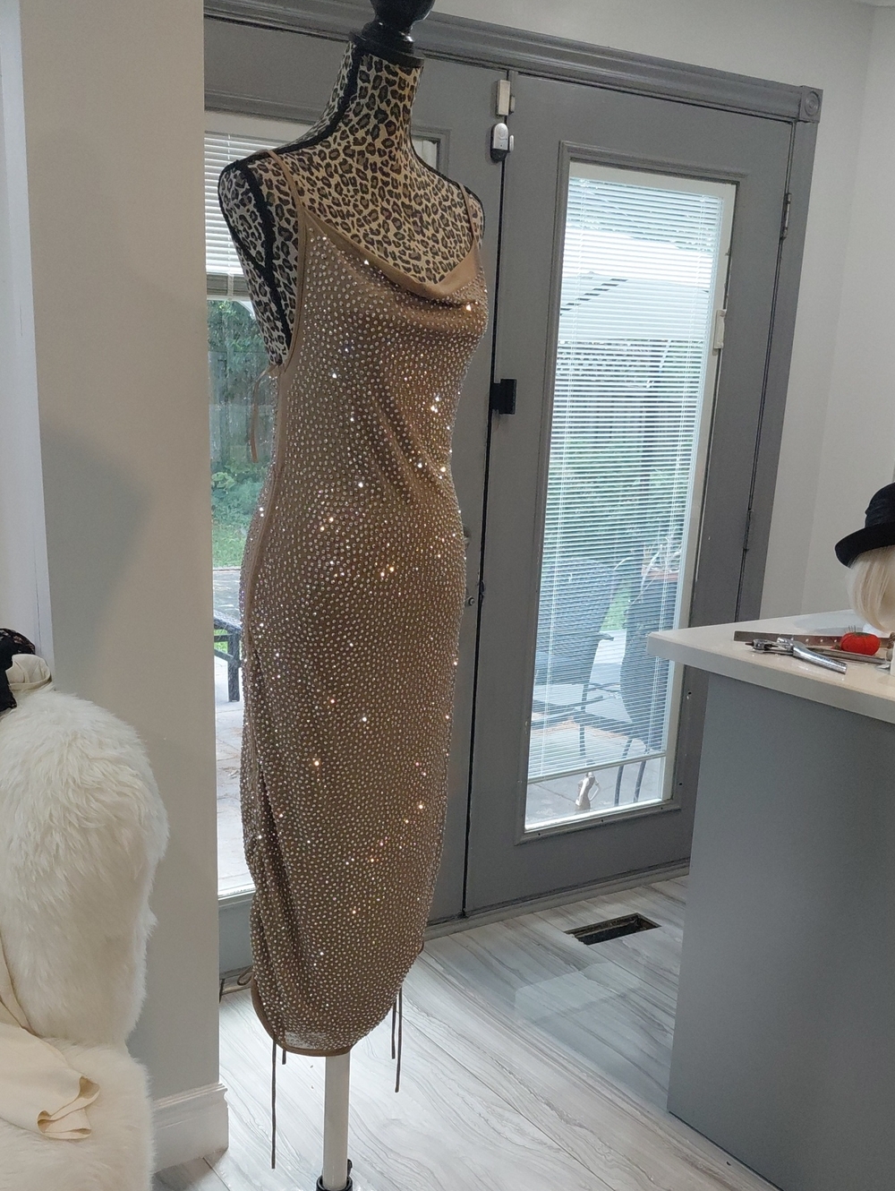 Brown Sleeveless Rhinestone Bodycon Midi Dress